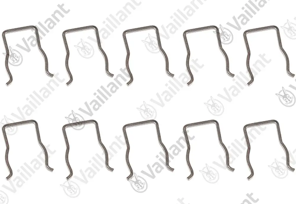 Vaillant Clips in Metalloptik, zehn Stück angeordnet. Die Clips haben eine gebogene Form und sind für verschiedene Anwendungen konzipiert.